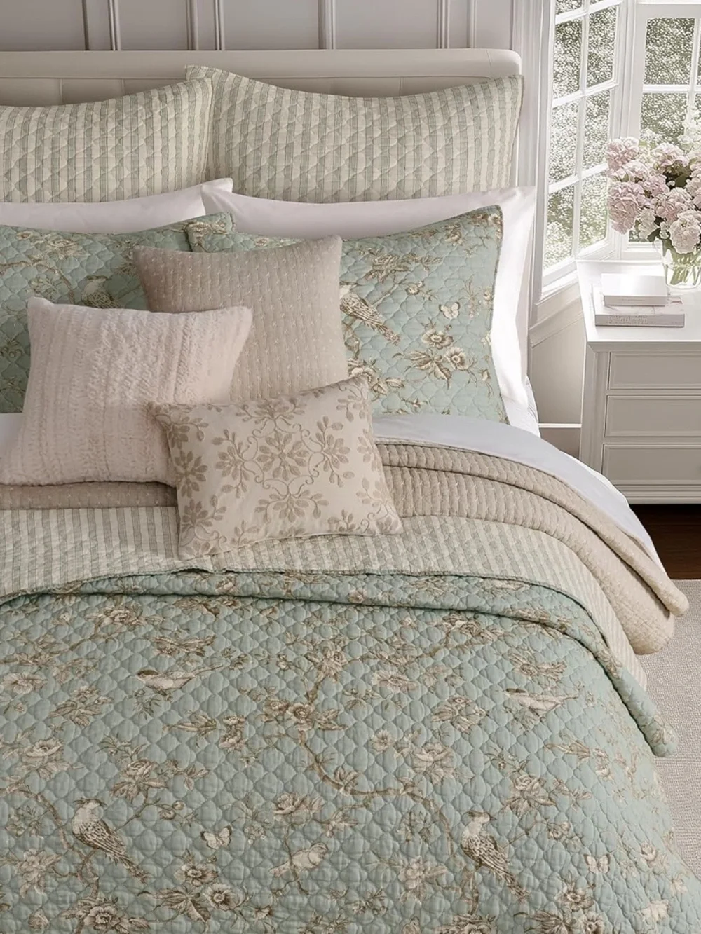 🆕 PB Style Reversible Quilt Set Brown Stripes Sage Floral Bird Toile Coverlet